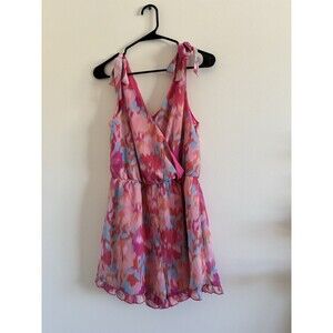 Pink Lily Abstract Watercolor Romper Size M Pink Blue Tie Shoulder V-Neck Ruffle